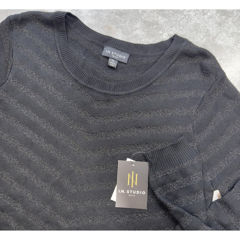 IN Studio Sweater Womens Large Metallic Chevron Stripe Knit Pullover‎ Petite